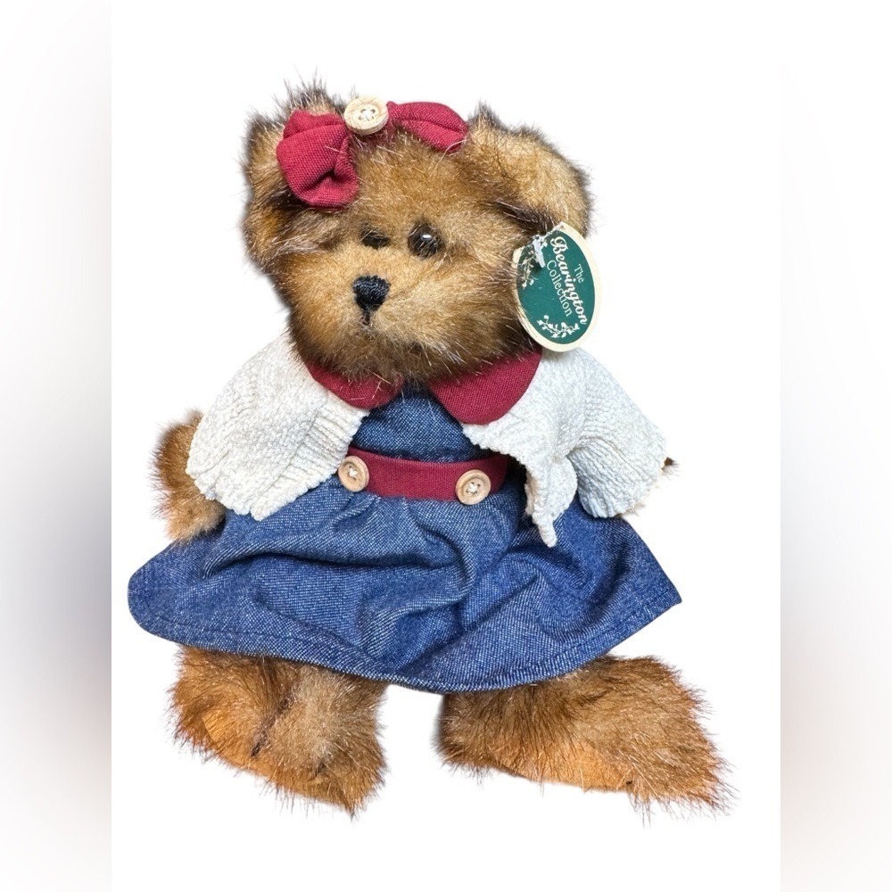Bearington Collection Teddy Bear Girl 11” Plush Doll Denim Dress Bow Vintage